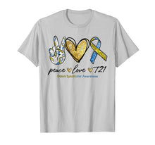 Load image into Gallery viewer, Peace Love T21 Down Syndrome Awareness Blue Yellow Ribbon TShirt867163