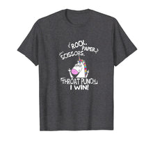 Load image into Gallery viewer, Rock paper scissors throat punch I win unicorn shirt