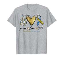 Load image into Gallery viewer, Peace Love T21 Down Syndrome Awareness Blue Yellow Ribbon TShirt867163