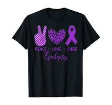 Load image into Gallery viewer, Peace Love Cure Purple Ribbon Epilepsy Awareness T-Shirt
