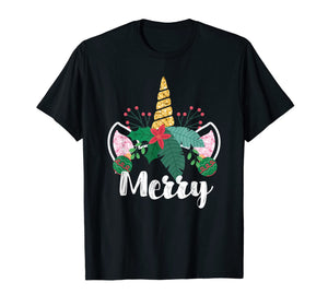 Unicorn Christmas Holly Merry Cute Gift for Girls Women T-Shirt