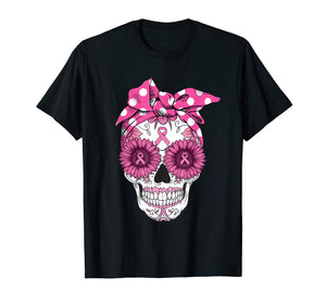 Pink Sugar Turban Skull Breast Cancer Awareness Gifts T-Shirt