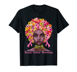 Pink Ribbon Afro Flowers Hair Black Queen Breast Cancer T-Shirt