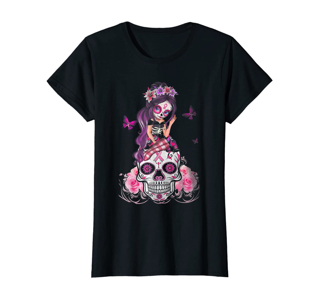 Sugar Skull Breast Cancer Pink Ribbon Flower Skulls October T-Shirt