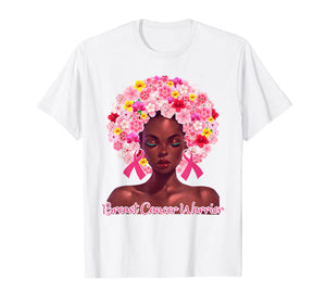 Pink Flowers Afro Hair Black Woman Breast Cancer Warrior T-Shirt