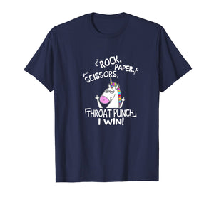Rock paper scissors throat punch I win unicorn shirt