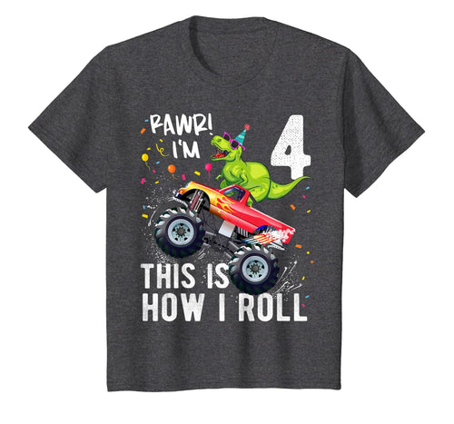Kids T Rex Dinosaur Monster Truck 4th Birthday Boys and Girls T-Shirt 207320