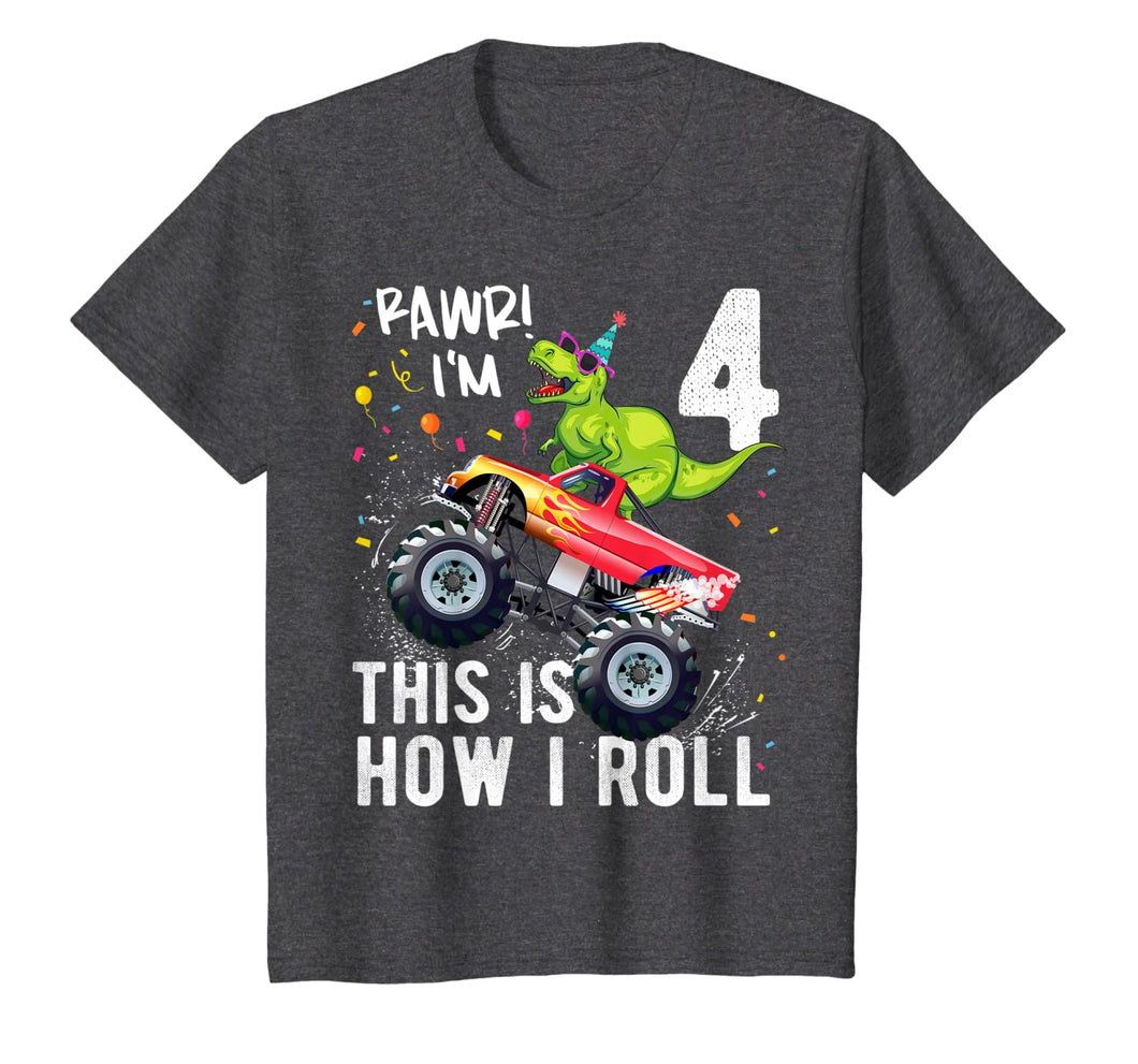 Kids T Rex Dinosaur Monster Truck 4th Birthday Boys and Girls T-Shirt 207320