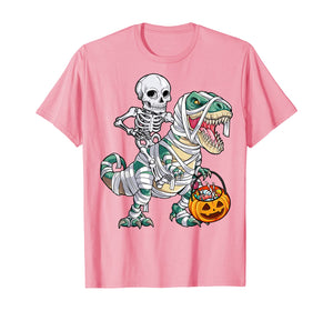 Skeleton Riding Mummy Dinosaur T rex Halloween Kids Boys Men T-Shirt