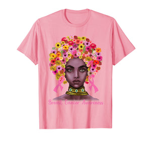 Pink Ribbon Afro Flowers Hair Black Queen Breast Cancer T-Shirt