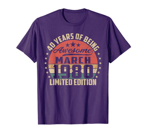 Vintage March 1980 40 Year Old Bday Gifts 40th Birthday TShirt924186