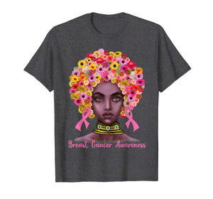 Pink Ribbon Afro Flowers Hair Black Queen Breast Cancer T-Shirt