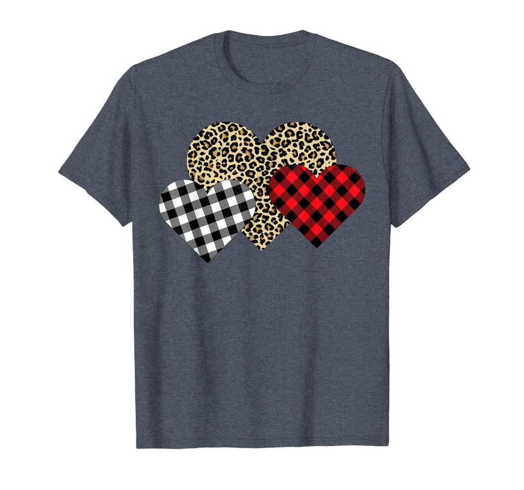 Funny Leopard And Buffalo Plaid Printed Love Heart Gifts T-Shirt--