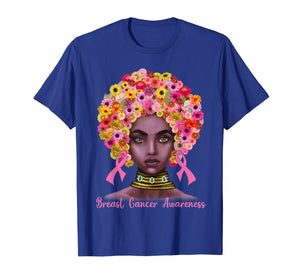 Pink Ribbon Afro Flowers Hair Black Queen Breast Cancer T-Shirt