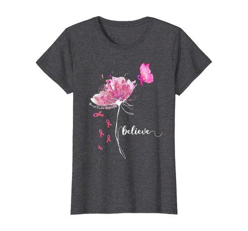 Womens Believe Flower Butterfly Pink Ribbon Breast Cancer Awareness T-Shirt 102382
