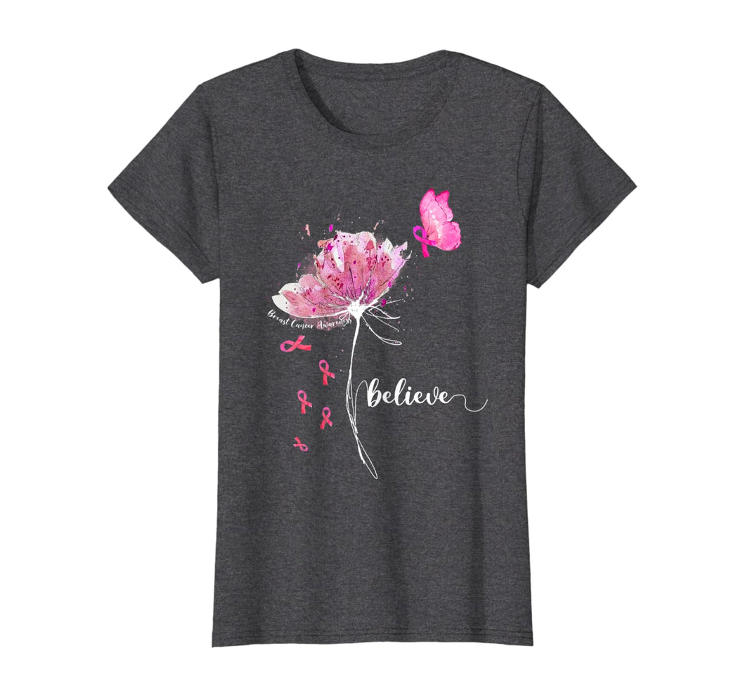Womens Believe Flower Butterfly Pink Ribbon Breast Cancer Awareness T-Shirt 102382
