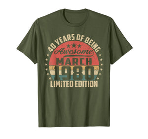 Vintage March 1980 40 Year Old Bday Gifts 40th Birthday TShirt924186