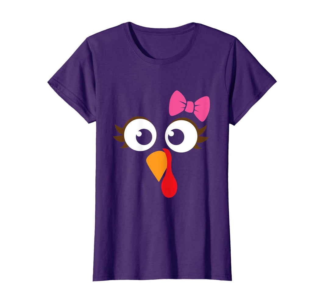 Turkey Face Girl Pink Bow T Shirt | Kids Thanksgiving Gift