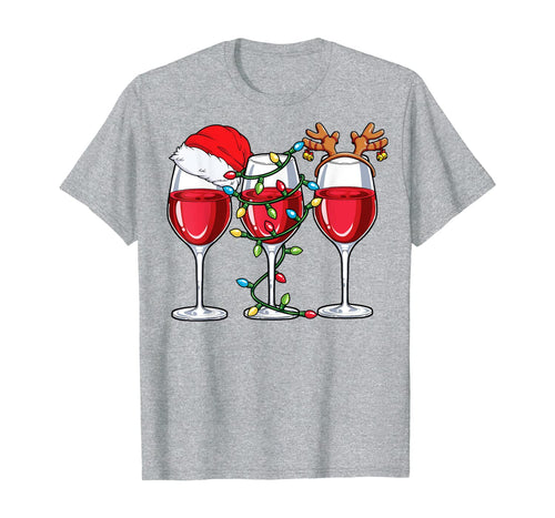 Wine Christmas Lights Xmas Women Santa Hat Reindeer Antlers T-Shirt