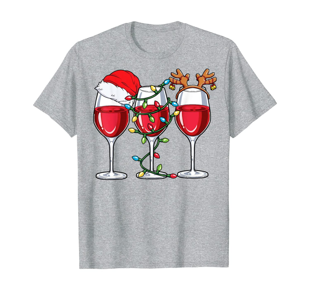 Wine Christmas Lights Xmas Women Santa Hat Reindeer Antlers T-Shirt
